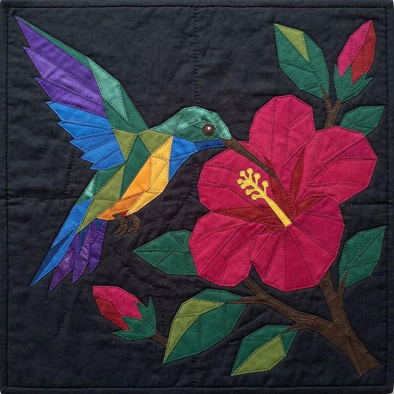 Hummingbird Quilt Pattern, Raw Edge Fusible Applique PDF, Tropical Bird Quilt Pattern, Hibiscus Patchwork Wall Hanging image 4