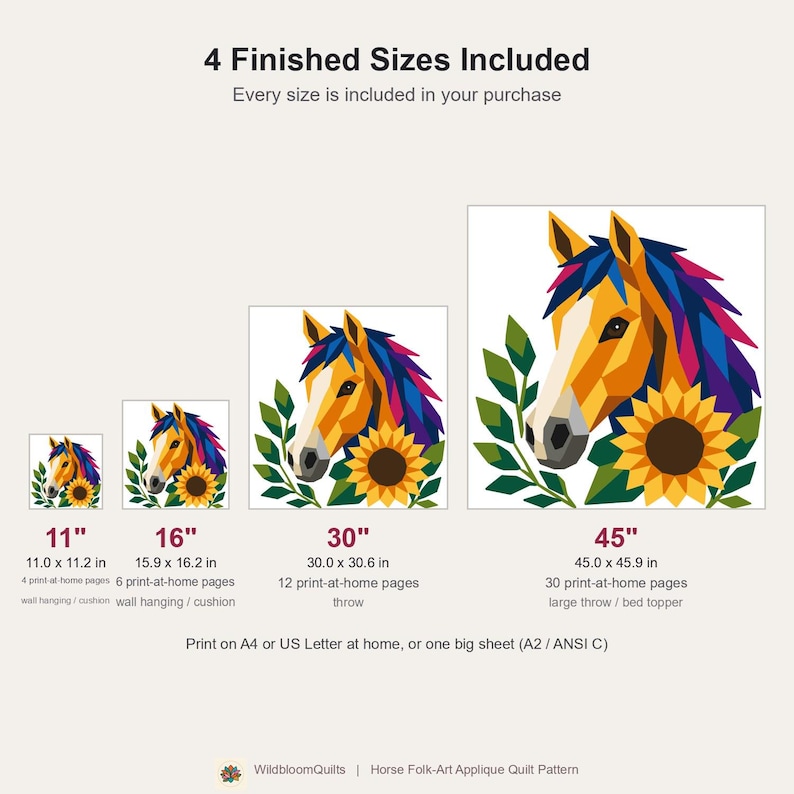 Horse Quilt Pattern, Horse Wall Hanging Quilt Pattern PDF, Easy Applique Quilt for Beginners, Raw Edge Fusible Applique image 3