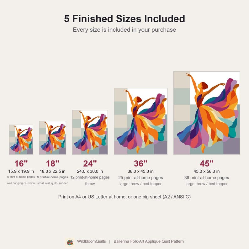Ballerina-Quiltmuster, PDF-Vorlage für Applikationen mit offenen Kanten, Tänzer-Quiltmuster, Patchwork-Wandbehang, Quiltvorlage im Volkskunststil Bild 3