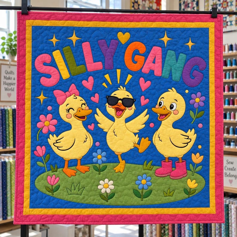 以下が含まれることがあります： カラフルな文字で「SILLY GANG」と書かれた正方形の布製壁掛け。3羽の黄色いアヒルの子が花のある緑の場所に立っています。左のアヒルはピンクのリボン、中央のアヒルは黒いサングラス、右のアヒルはピンクのブーツを履いています。背景は青色で、黄色い星とピンクのハートが描かれています。