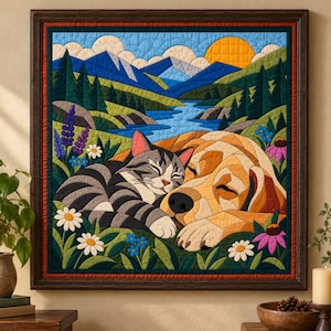 May include: A square quilted wall hanging in a dark wood frame depicting a gray tabby cat and a golden dog sleeping together in a field of flowers, with a background of green pine trees, blue mountains, a winding river, and a yellow sun.