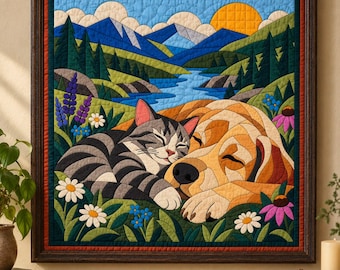 Patrón de edredón de gato y perro durmiendo, edredón de apliques y collage en PDF, patrón de edredón de animales de mascota, tapiz de pared de patchwork, plantilla de edredón de arte popular