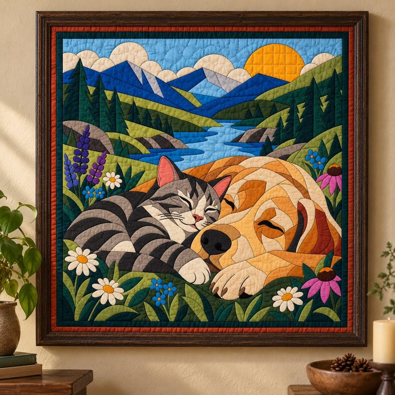 Sleeping Cat and Dog Quilt Pattern, Applique & Collage Quilt PDF, Pet Animal Quilt Pattern, Patchwork Wall Hanging, Folk Art Quilt Template image 1