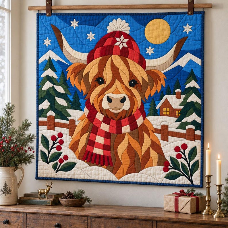 Modello per trapunta natalizia con mucca delle Highlands, trapunta con applicazioni e collage, modello PDF per trapunta con animali, arazzo patchwork, arte popolare immagine 14