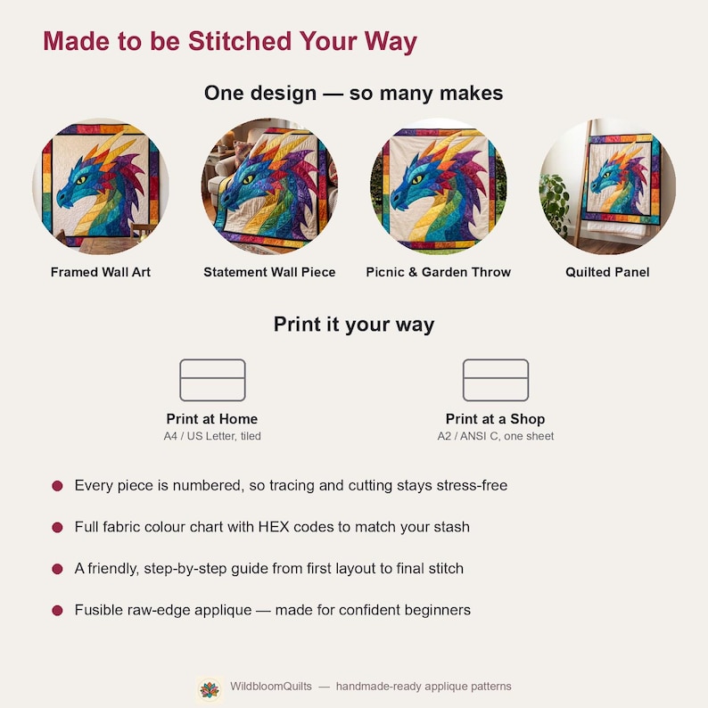 Dragon Quilt Pattern, Applique & Collage Quilt, Animal Quilt Pattern PDF, Patchwork Wall Hanging, Folk Art Dragon Template image 11
