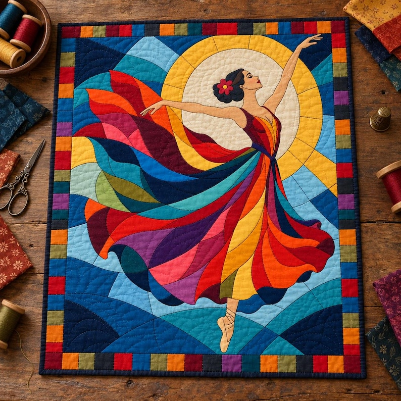Patrón de colcha de bailarina de vidrieras, colcha de apliques y collage en PDF, patrón de colcha de bailarina, tapiz de patchwork, plantilla de colcha de arte popular imagen 8