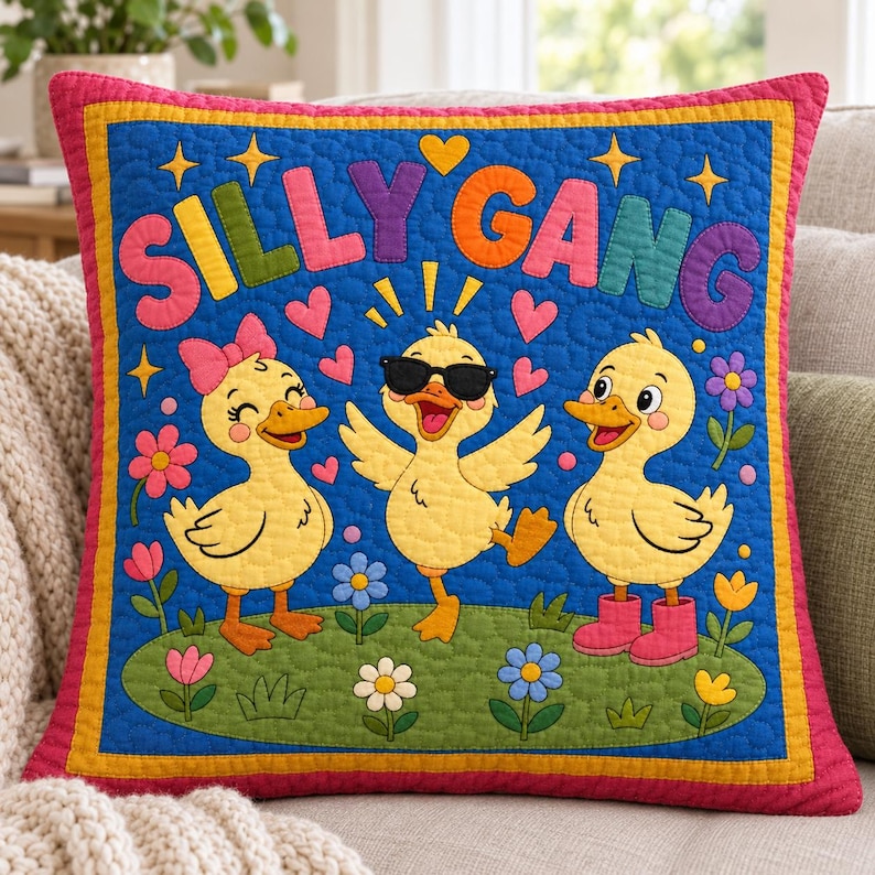 以下が含まれることがあります： 青い背景にカラフルな文字で「SILLY GANG」と書かれた正方形のキルトクッション。緑の草地と花の中に3羽の黄色いアヒルの子が描かれています。1羽はピンクのリボン、1羽はサングラス、もう1羽はピンクのブーツを身につけています。