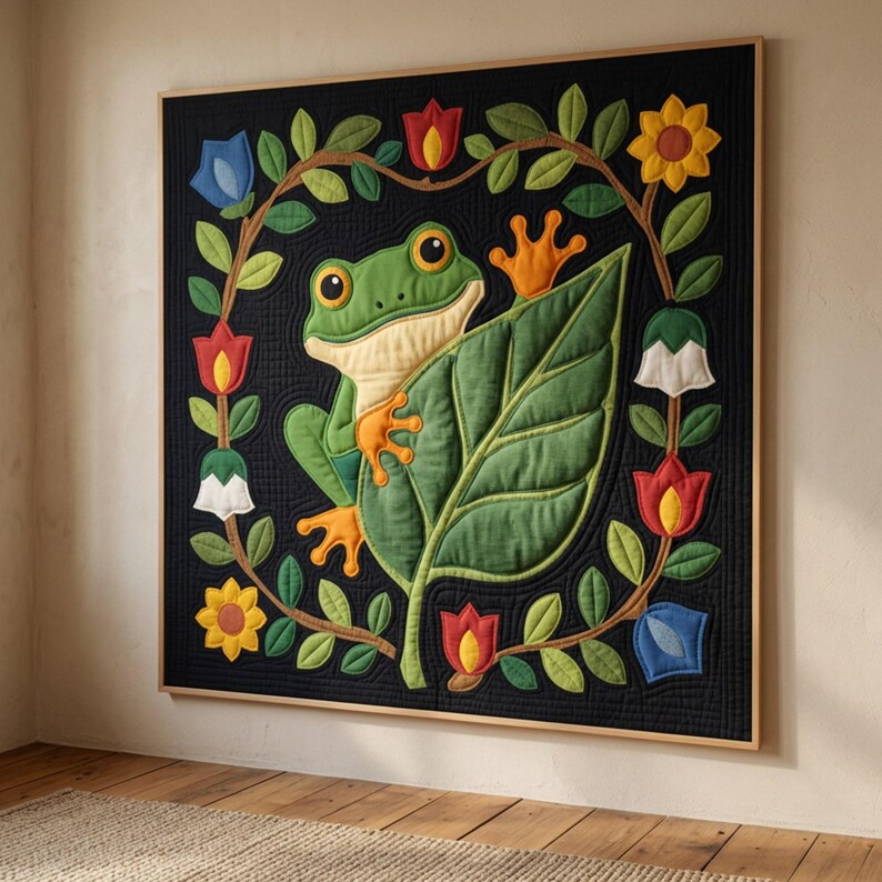 Frog Quilt Pattern, Frog Wall Hanging Quilt Pattern PDF, Easy Applique Quilt for Beginners, Raw Edge Fusible Applique image 5