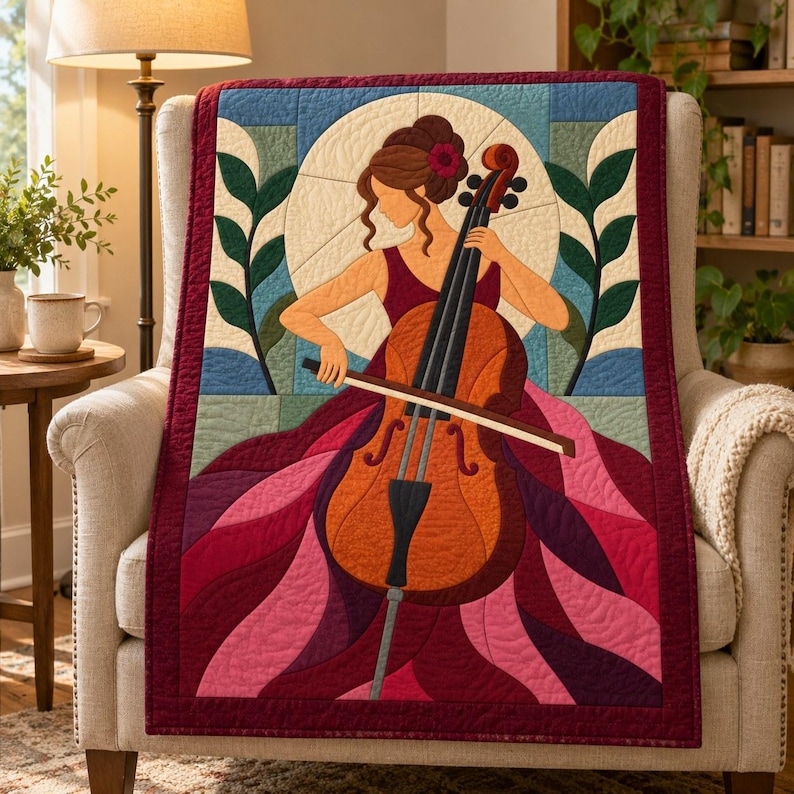 Quiltmuster für Cellisten, Applikations- und Collage-Quilt, Quiltmuster für Musikliebhaber (PDF), Patchwork-Wandbehang, Quiltvorlage im Stil der Volkskunst Bild 5