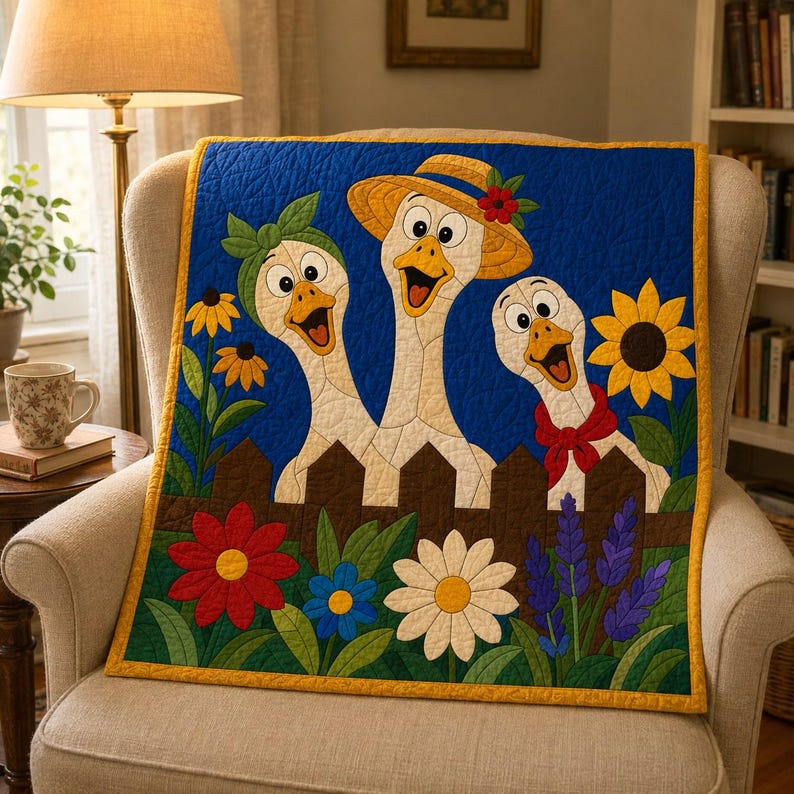 Funny Geese Quilt Pattern, Raw Edge Fusible Applique, Animal Quilt Pattern PDF, Patchwork Wall Hanging, Folk Art Quilt Template image 8