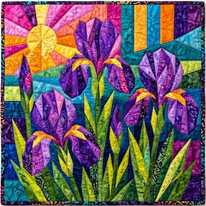 Op de afbeelding: Een vierkante stoffen wandhanger met een patchwork quiltontwerp van paarse irissen met gele accenten. De achtergrond toont een gestileerde zon in tinten geel, oranje en roze, geplaatst tegen een donkerblauw en groen landschap van bladeren.