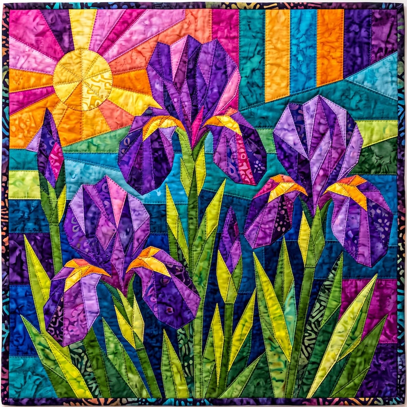 Iris Quilt Pattern, Raw Edge Fusible Applique, Flower Quilt Pattern PDF, Folk Art Wall Hanging, Patchwork Garden Quilt Template image 1