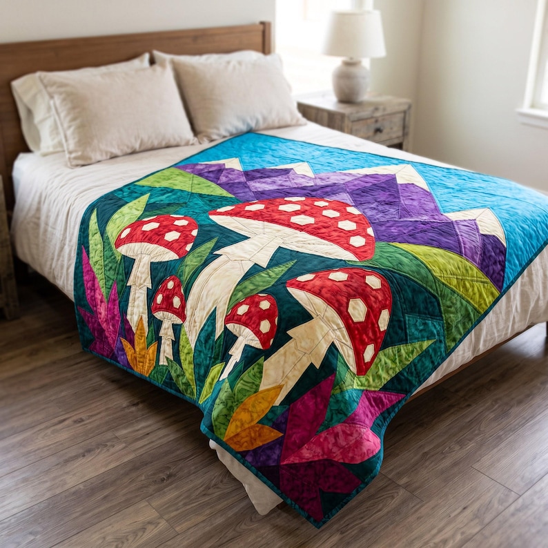 Mushroom Mountain Quilt Pattern, Raw Edge Fusible Applique, Toadstool Quilt Pattern PDF, Patchwork Wall Hanging, Folk Art Quilt Template image 4