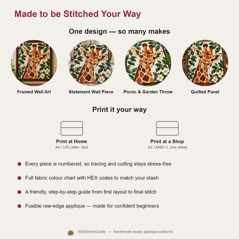 Giraffen-Quiltmuster, Applikations- und Collage-Quilt, Tier-Quiltmuster (PDF), Magnolien-Wandbehang im Volkskunststil, Patchwork-Vorlage Bild 13
