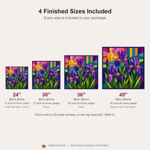 Iris Quilt Pattern, Raw Edge Fusible Applique, Flower Quilt Pattern PDF, Folk Art Wall Hanging, Patchwork Garden Quilt Template image 3