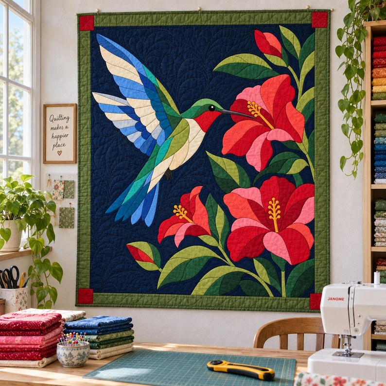 Patrón de colcha de colibrí, colcha de apliques y collage, patrón de colcha de pájaros en PDF, tapiz de pared de hibisco, plantilla de colcha de arte popular imagen 16