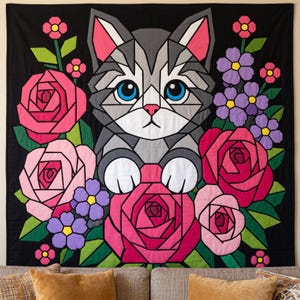 Cat with Roses Quilt Pattern, Cat Wall Hanging Quilt Pattern PDF, Floral Applique Quilt Pattern, Raw Edge Fusible Applique image 8
