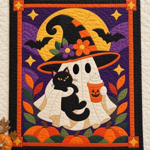 Halloween Ghost Quilt Pattern, Applique & Collage Quilt, Black Cat Quilt Pattern PDF, Patchwork Wall Hanging, Witch Hat Pumpkin Template image 17
