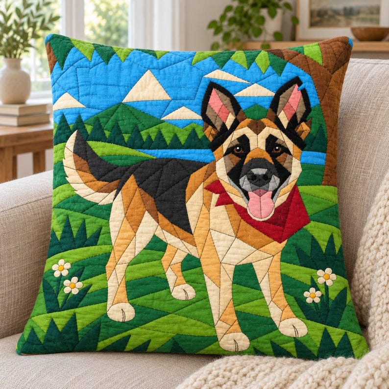 Quiltmuster für einen Deutschen Schäferhund, Applikations- und Collage-Hundequilt, Tierquiltmuster (PDF), Patchwork-Wandbehang, Quiltvorlage im Volkskunststil Bild 3