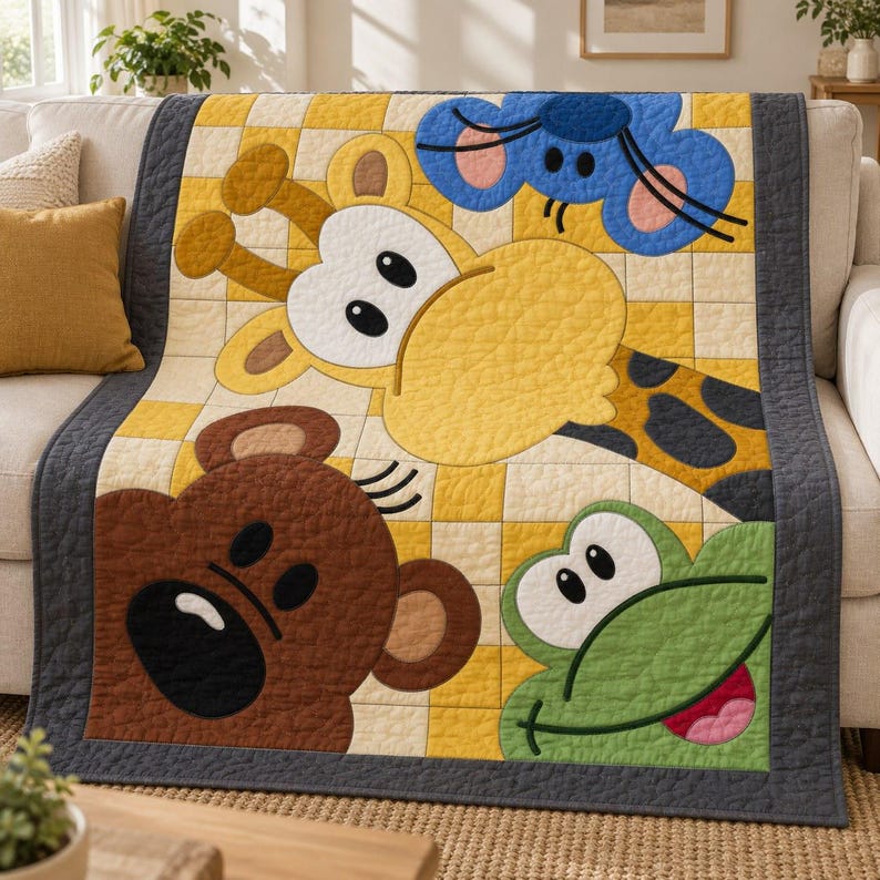 Mönster för quilt med kikande djurungar, applikations- och collagequilt i PDF-format, mönster för barnquilt med djurmotiv, väggbonad med lapptäcke för barnrum, quilt med folkkonst bild 10