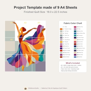 Ballerina-Quiltmuster, PDF-Vorlage für Applikationen mit offenen Kanten, Tänzer-Quiltmuster, Patchwork-Wandbehang, Quiltvorlage im Volkskunststil Bild 7