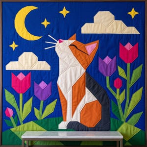 Cat Quilt Pattern, Cat Wall Hanging Quilt Pattern PDF, Easy Applique Quilt for Beginners, Folk Art Cat Lover Gift, Raw Edge Fusible Applique image 2