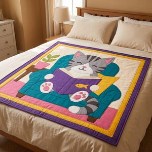 Reading Cat Quilt Pattern, Raw Edge Fusible Applique, Cat Quilt Pattern PDF, Patchwork Wall Hanging, Folk Art Quilt Template image 18