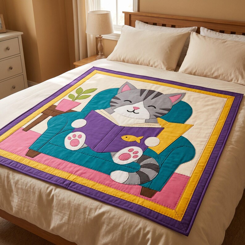 Reading Cat Quilt Pattern, Raw Edge Fusible Applique, Cat Quilt Pattern PDF, Patchwork Wall Hanging, Folk Art Quilt Template image 18