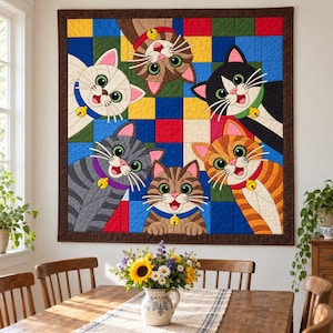 Six Cats Quilt Pattern, Applique & Collage Quilt, Cat Quilt Pattern PDF, Patchwork Wall Hanging, Folk Art Quilt Template image 5