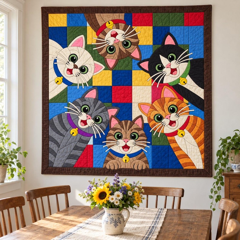 Six Cats Quilt Pattern, Applique & Collage Quilt, Cat Quilt Pattern PDF, Patchwork Wall Hanging, Folk Art Quilt Template image 5