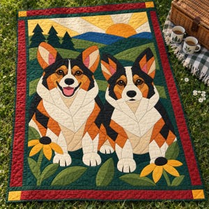 Corgi Pair Quilt Pattern, Applique & Collage Dog Quilt, Animal Quilt Pattern PDF, Patchwork Wall Hanging, Folk Art Quilt Template image 11