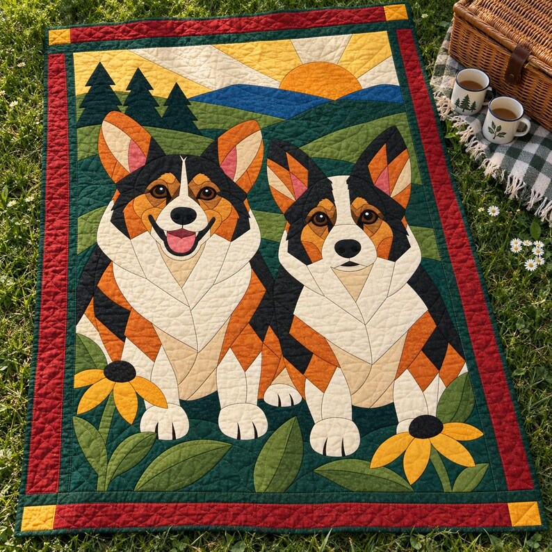 Corgi Pair Quilt Pattern, Applique & Collage Dog Quilt, Animal Quilt Pattern PDF, Patchwork Wall Hanging, Folk Art Quilt Template image 11