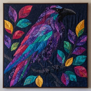 Modèle de courtepointe Corbeau, Appliqué thermocollant à bords francs (PDF), Modèle de courtepointe Oiseau, Décoration murale patchwork, Gabarit de courtepointe animal d'art populaire image 2