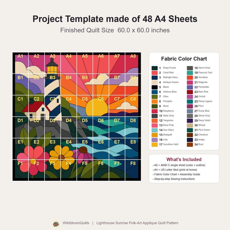 Lighthouse Sunrise Quilt Pattern, Raw Edge Fusible Applique PDF, Coastal Quilt Pattern, Patchwork Wall Hanging, Folk Art Quilt Template image 7