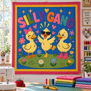 Silly Gang Ducks Quiltmönster, Applikations- och Collage Quilt PDF, Roligt Duck Quiltmönster, Patchwork Väggbonad, Applikation med råa kanter och smältbara applikationer