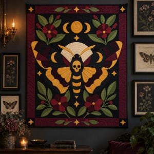 Death's Head Moth Quilt Pattern, Applique & Collage Quilt, Gothic Moth PDF Pattern, Patchwork Wall Hanging, Folk Art Quilt Template image 9