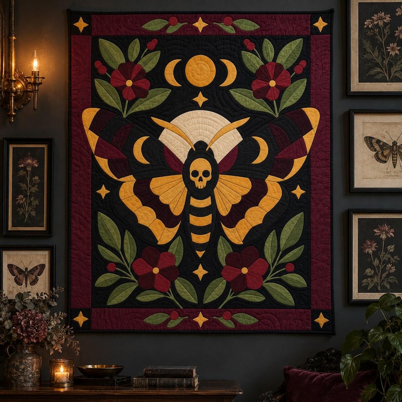 Death's Head Moth Quilt Pattern, Applique & Collage Quilt, Gothic Moth PDF Pattern, Patchwork Wall Hanging, Folk Art Quilt Template image 9