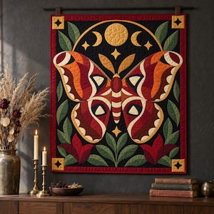Atlas Moth Quilt Pattern, Applique & Collage Quilt PDF, Moon Phase Quilt Pattern, Folk Art Wall Hanging, Botanical Patchwork Template image 7