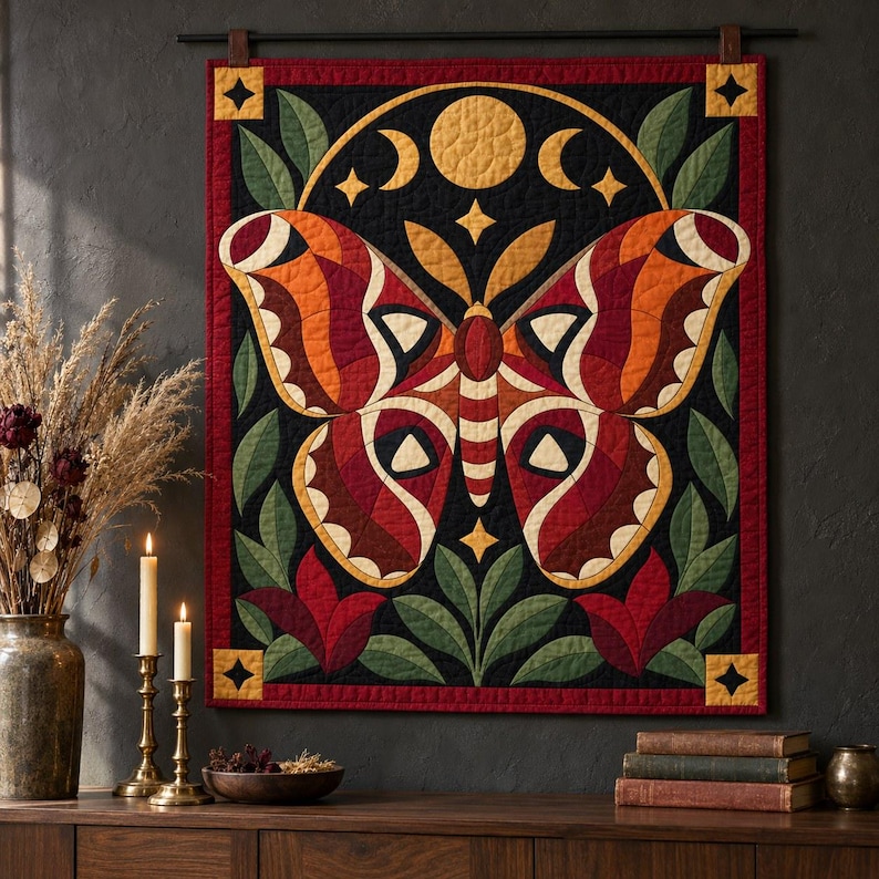 Atlas Moth Quilt Pattern, Applique & Collage Quilt PDF, Moon Phase Quilt Pattern, Folk Art Wall Hanging, Botanical Patchwork Template image 7