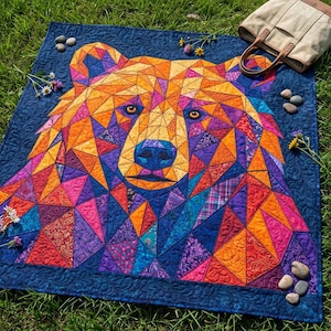 Patrón de edredón de oso, aplique termoadhesivo geométrico con borde sin rematar, patrón de edredón de animales en PDF, tapiz de pared de patchwork, plantilla de edredón de arte popular imagen 2