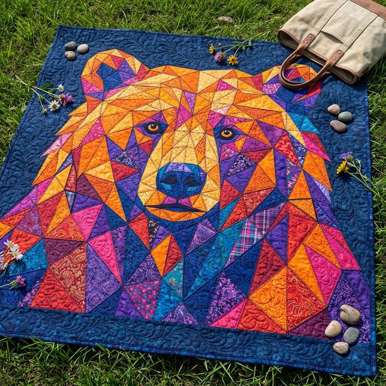 Patrón de edredón de oso, aplique termoadhesivo geométrico con borde sin rematar, patrón de edredón de animales en PDF, tapiz de pared de patchwork, plantilla de edredón de arte popular imagen 2