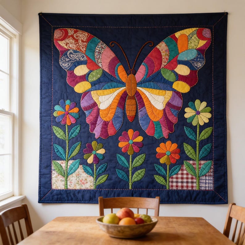 Butterfly Garden Quilt Pattern, Raw Edge Fusible Applique PDF, Folk Art Animal Quilt, Patchwork Wall Hanging Template image 13