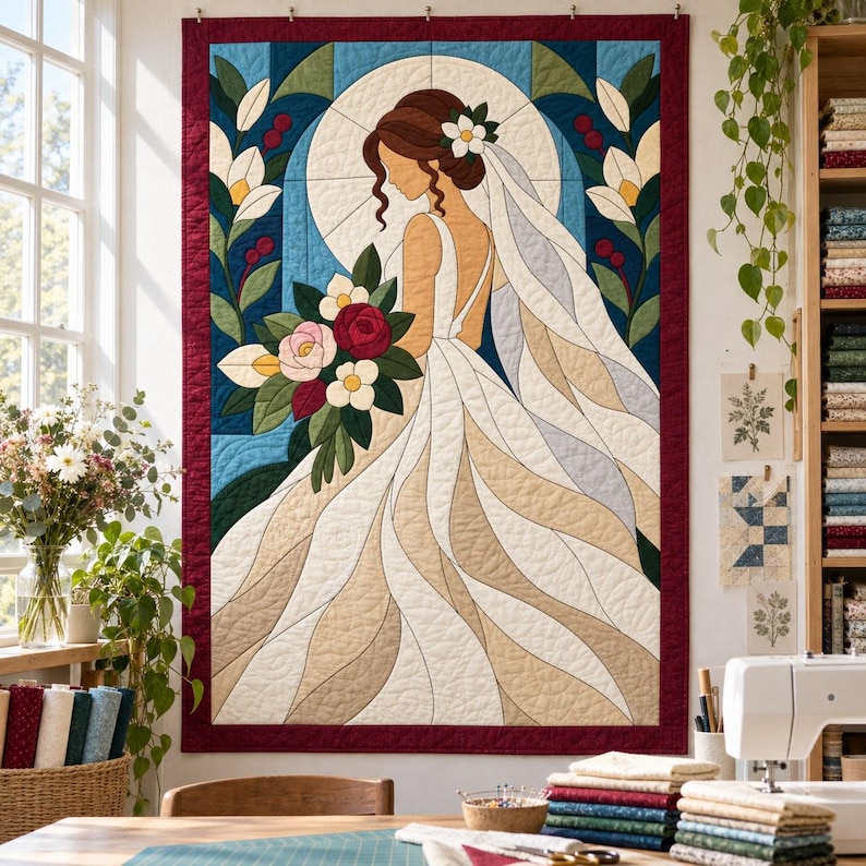 Bride Quilt Pattern, Applique & Collage Quilt, Wedding Quilt Pattern PDF, Patchwork Wall Hanging, Folk Art Quilt Template image 8