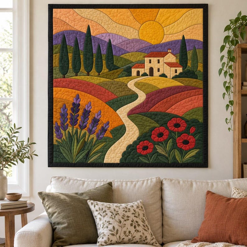 Tuscan Landscape Quilt Pattern, Applique & Collage Quilt PDF, Countryside Wall Hanging, Folk Art Patchwork, Raw Edge Fusible Applique image 11