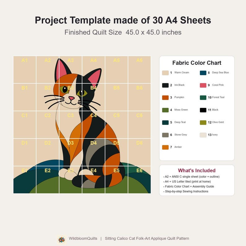Calico Cat Quilt Pattern, Applique & Collage Quilt, Cat Quilt Pattern PDF, Patchwork Wall Hanging, Folk Art Quilt Template image 18
