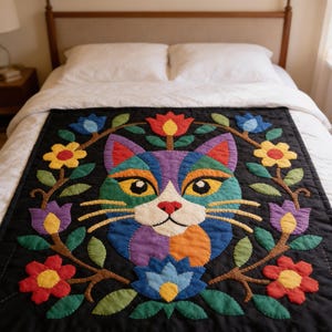 Cat Quilt Pattern, Floral Cat Wall Hanging Quilt Pattern PDF, Easy Applique Quilt for Beginners, Cat Lover Gift, Raw Edge Fusible Applique image 2