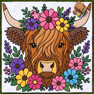 ハイランド牛のキルトパターン、花柄の牛の壁掛けキルト（PDF）、フォークアート風アップリケキルト、切りっぱなしの接着芯付きアップリケ 画像 8