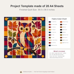 Herfstuil quiltpatroon, rafelige rand applicatie met strijkapplicatie, dieren quiltpatroon PDF, patchwork wandkleed, volkskunst herfst quilt sjabloon afbeelding 11