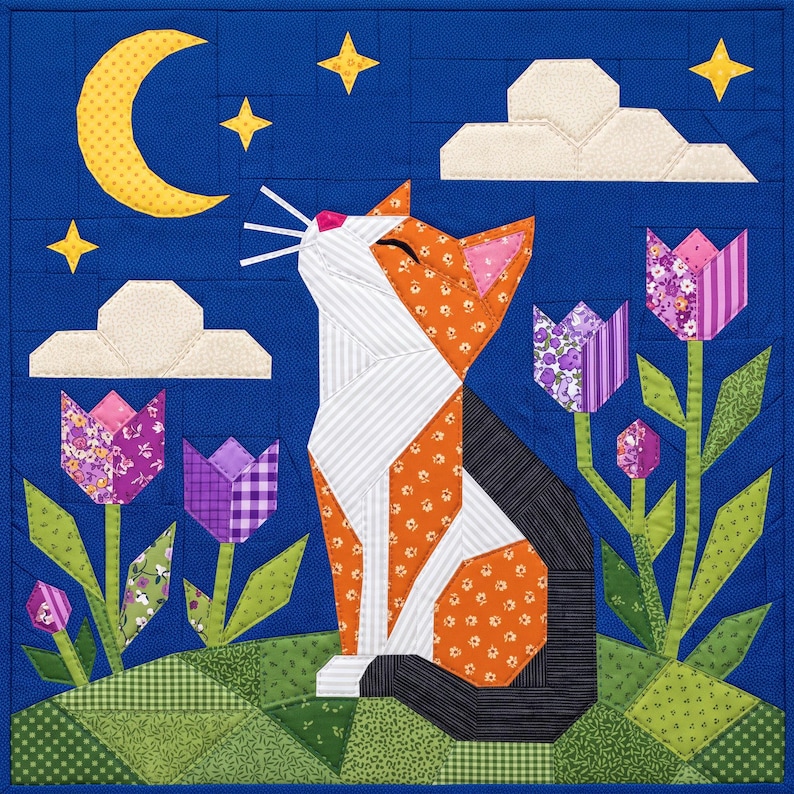 Cat Quilt Pattern, Cat Wall Hanging Quilt Pattern PDF, Easy Applique Quilt for Beginners, Folk Art Cat Lover Gift, Raw Edge Fusible Applique image 18