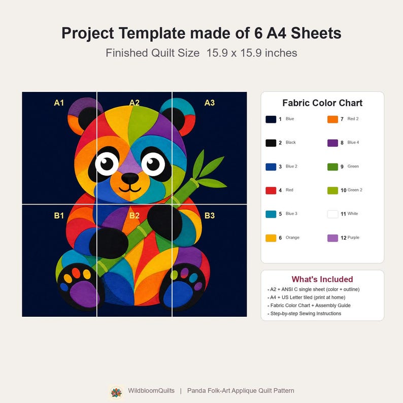 Patrón de edredón de panda, patrón de edredón para colgar en la pared de la habitación infantil en PDF, edredón de apliques fácil para principiantes, aplique termoadhesivo con borde sin rematar imagen 9
